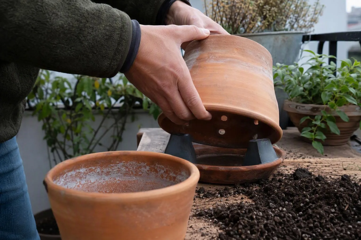 A hand turns a terracotta pot on supports, leaving its drainage holes open to the air.