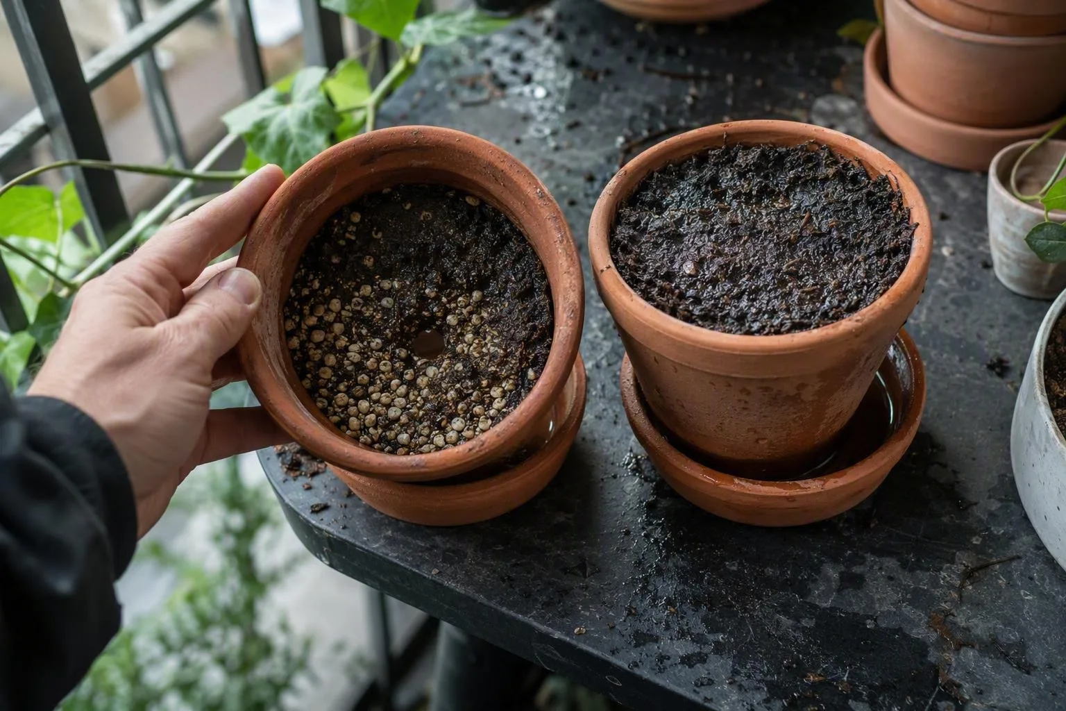 Two terracotta pots show bottom openings and different base layers, explaining why gravel leaves less room for planting mix.