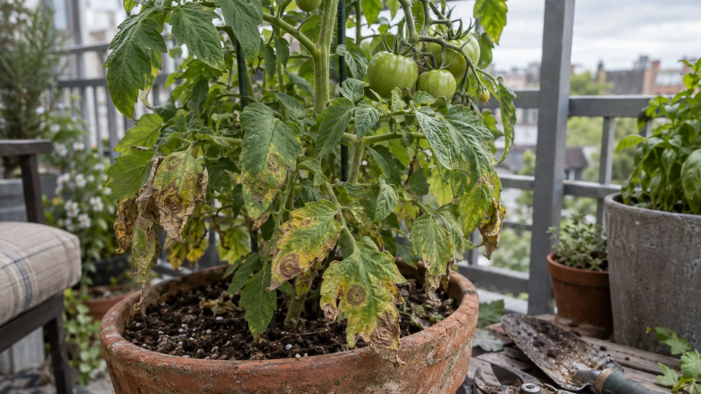 A potted tomato plant shows brown-ringed spots and yellowing on its lower leaves, making the disease clues easy to inspect.