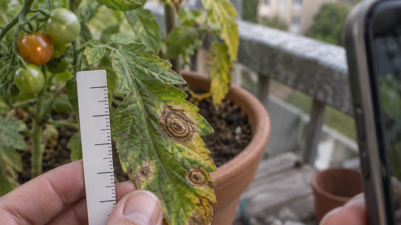 A tomato leaf is held beside a plain scale, showing ringed brown lesions and why their size should be documented.