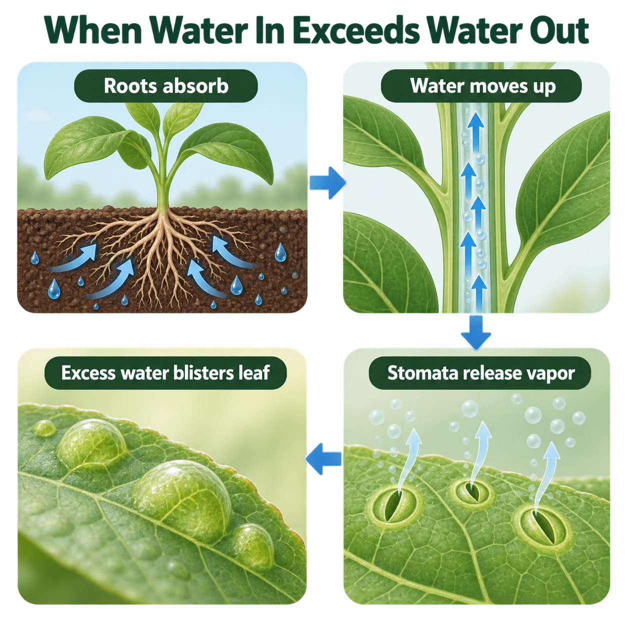 A plant diagram shows roots taking up water, vapor leaving leaf pores, and excess water forming a blister.