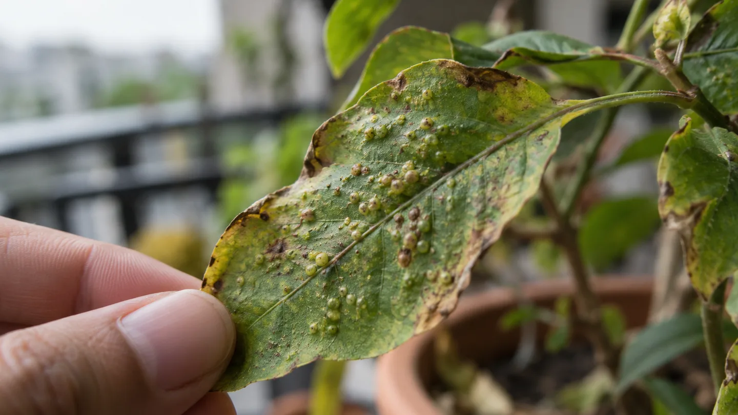 A hand turns a potted plant leaf to reveal small raised bumps on its surface.