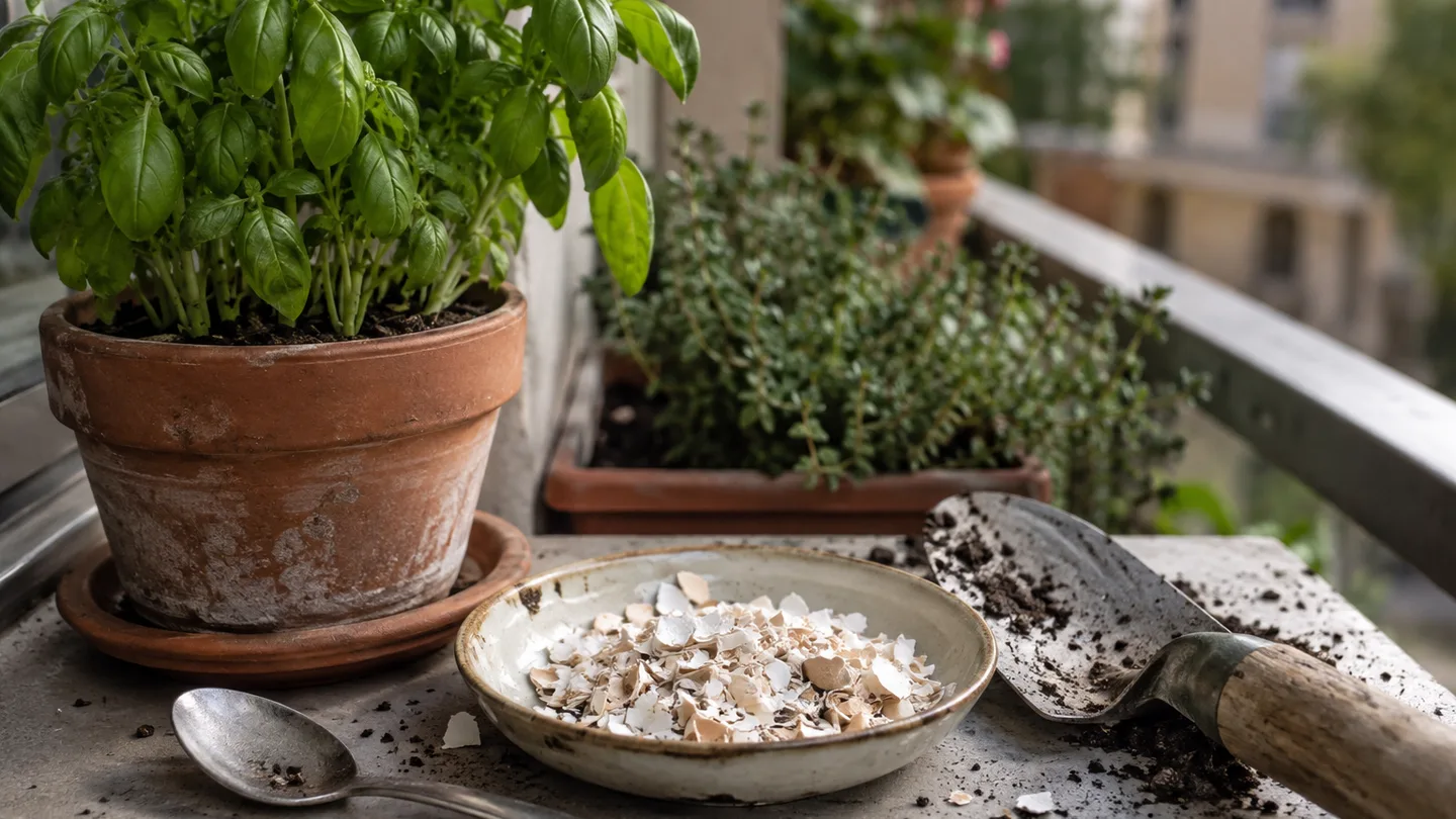 Crushed eggshells sit beside a potted herb, inviting a closer look at their role in plant care.