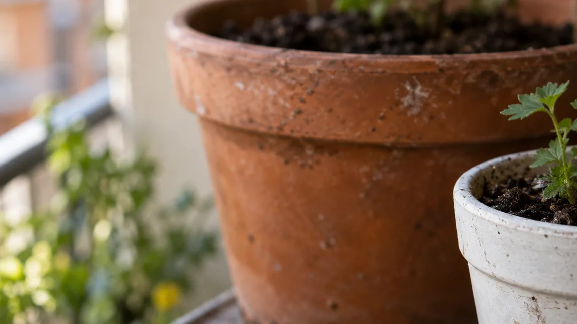 A small pile of crushed eggshells sits beside two balcony pots of different sizes for a practical scale comparison.