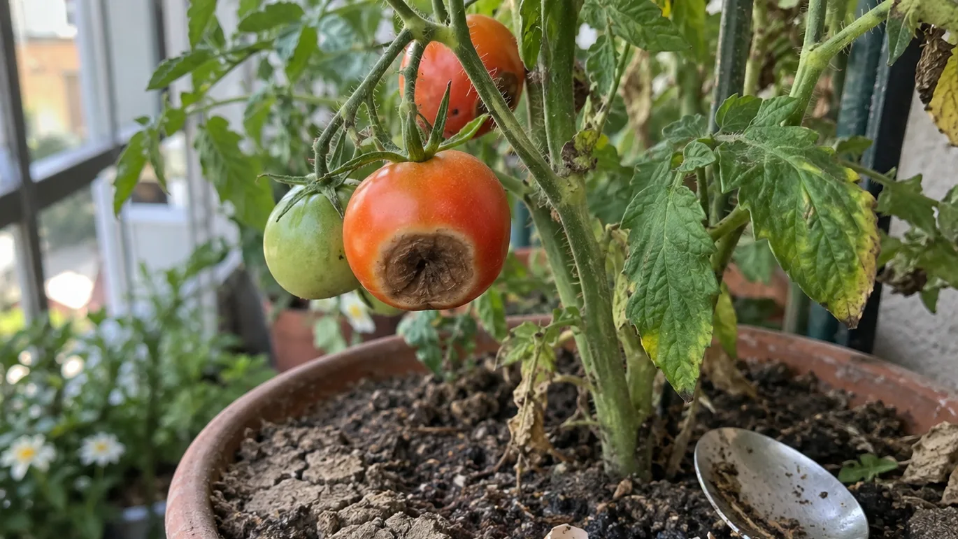 A tomato with a dark sunken patch sits beside crushed eggshells, showing blossom-end rot linked to uneven calcium movement.