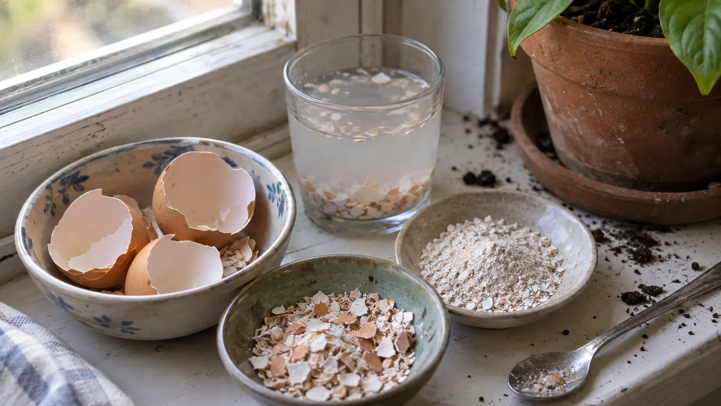Four unlabelled dishes show whole, broken, powdered, and soaked eggshells beside a potted herb.