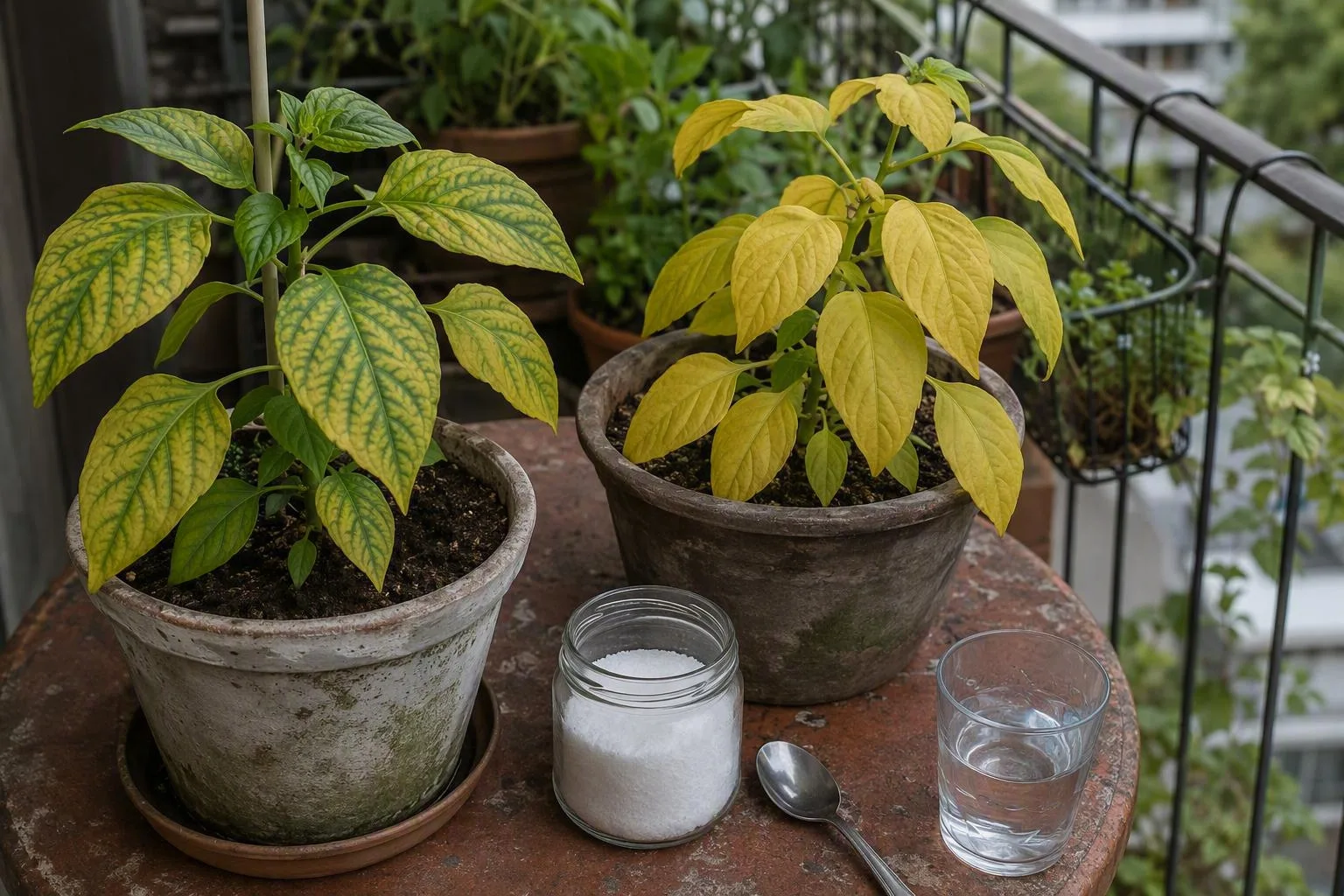 Two potted plants show different leaf-yellowing patterns beside a small salt container on a balcony table.