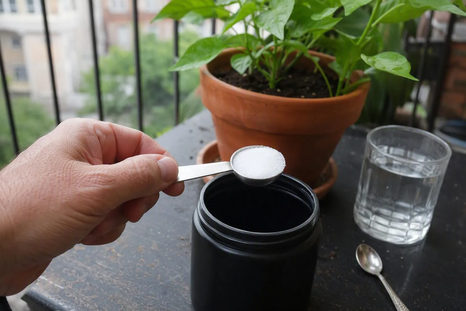A hand measures a level spoonful of white granules before applying them to a potted balcony plant.