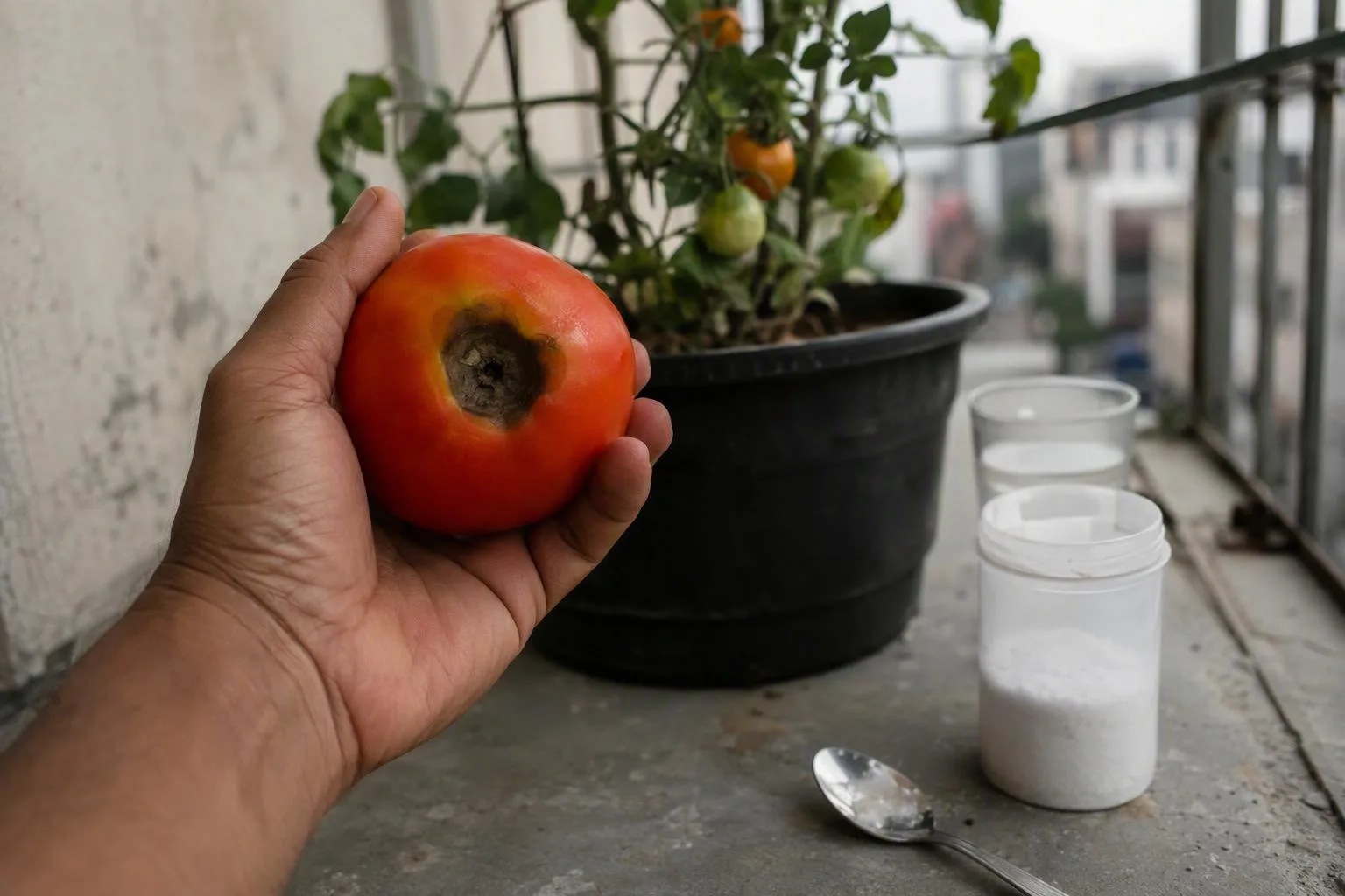 A damaged tomato sits beside a spoon of white crystals, showing a fruit problem the additive cannot fix.