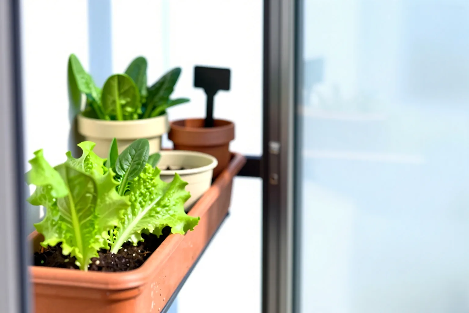 Leafy seedlings grow in several containers on a bright apartment balcony.