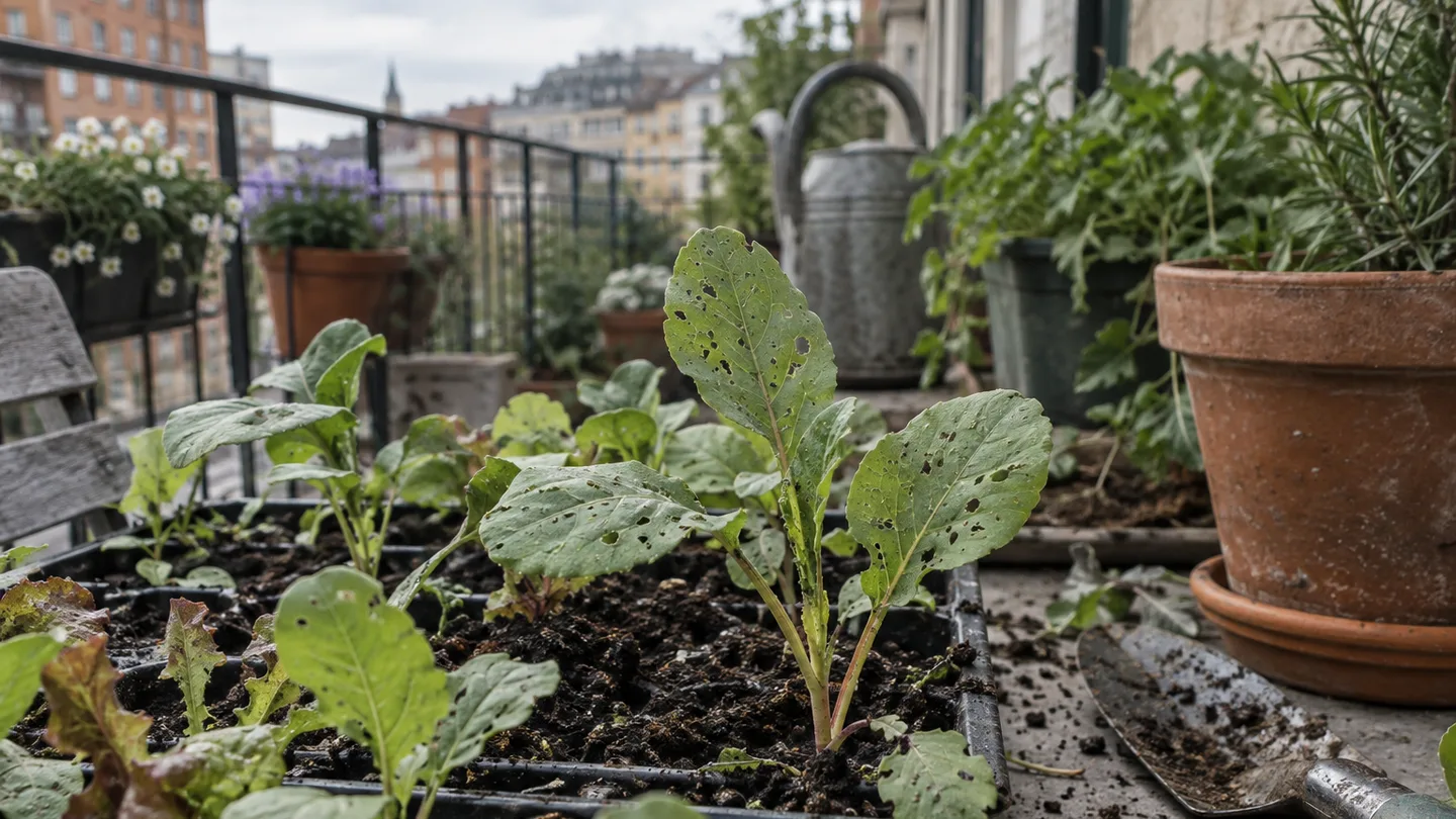 Young balcony seedlings have dozens of tiny round holes across their leaves, showing the telltale shot-hole damage.