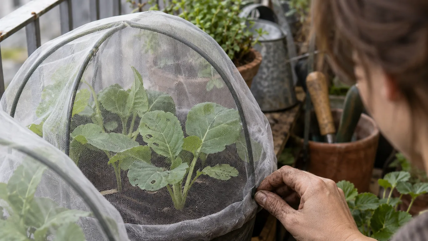 Fine netting is sealed around container-grown seedlings to block insects without sprays.
