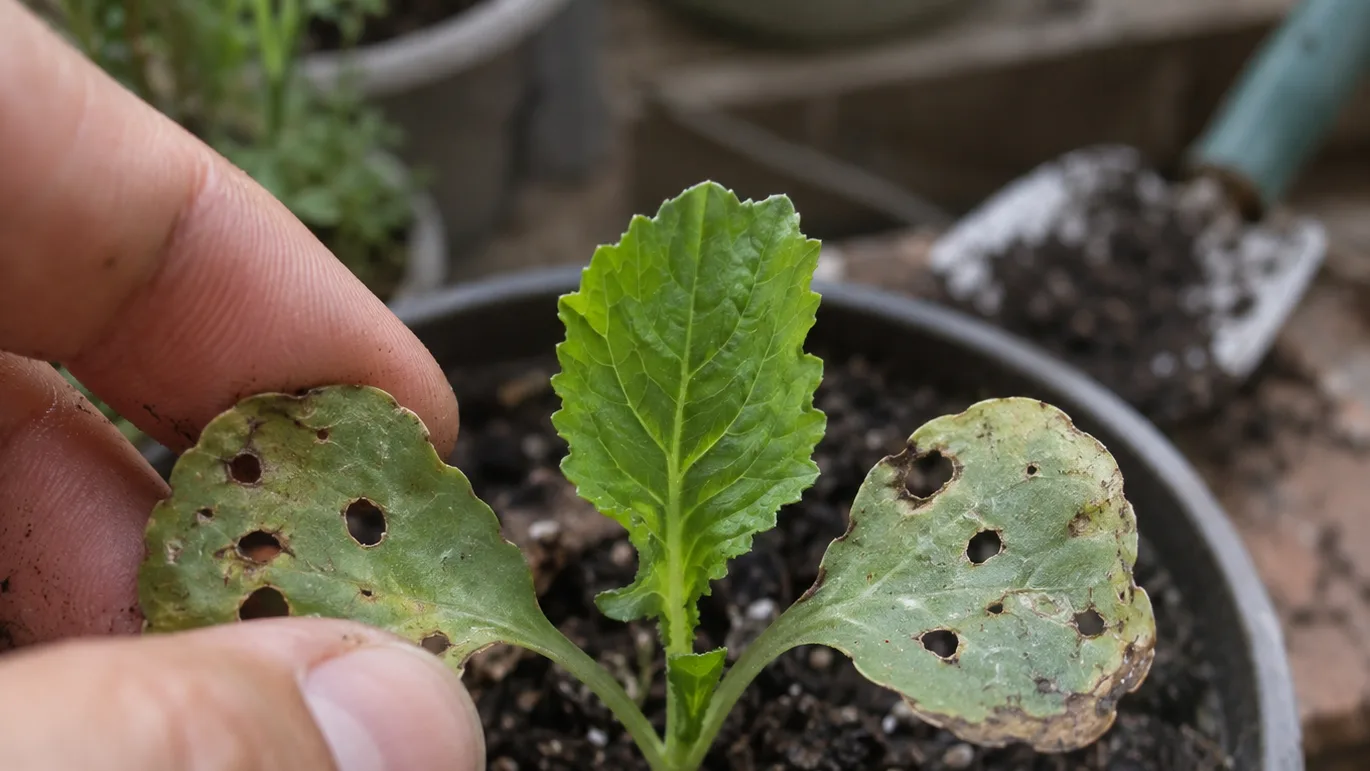 A gardener compares hole-marked seed leaves with a healthy new leaf before deciding what to do.
