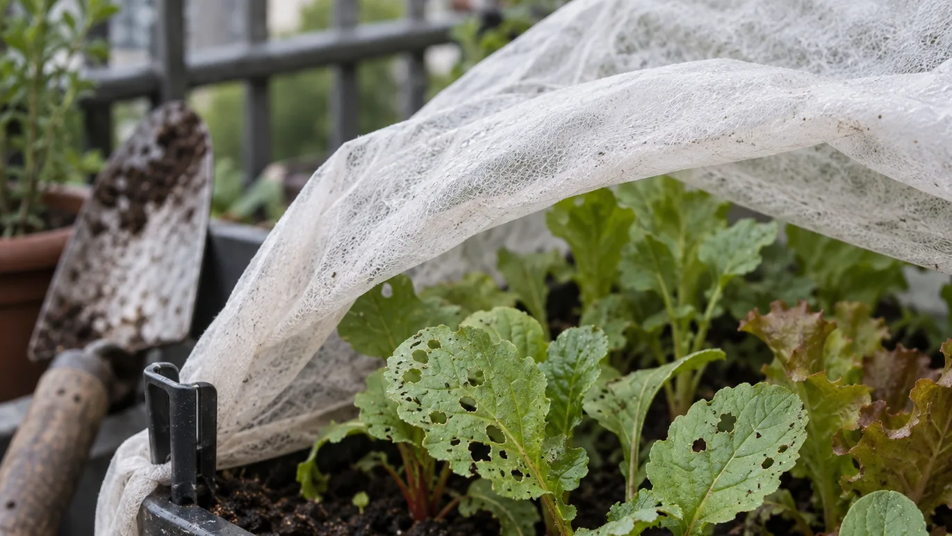 A wind-secured fabric cover shelters young balcony seedlings whose leaves have small feeding holes.