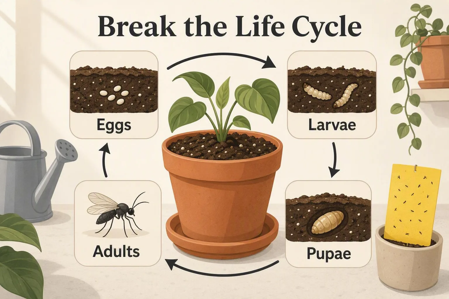 A four-stage diagram shows gnats moving from eggs to adults around damp potting mix, revealing where the cycle can be stopped