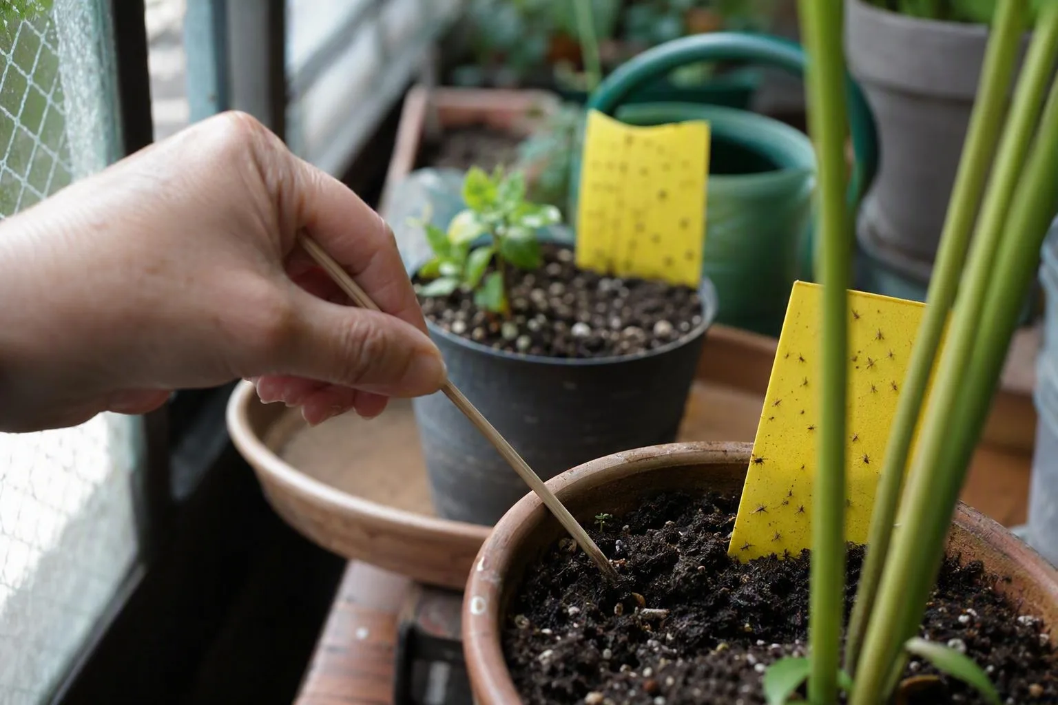 A hand checks damp soil with a wooden skewer beside a yellow sticky card and several pots to monitor pests.