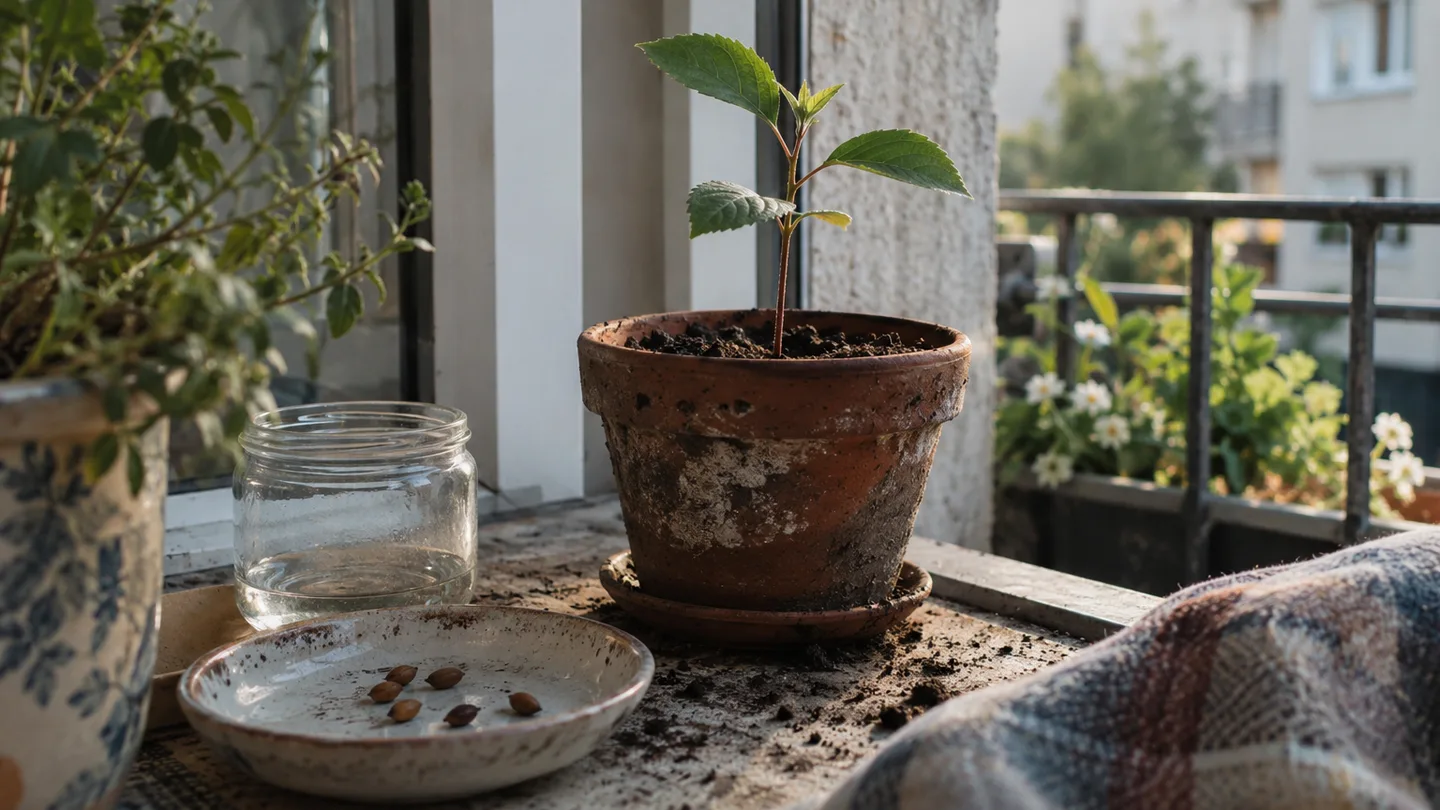 A tiny apple seedling grows in a balcony pot beside seeds and a glass jar.