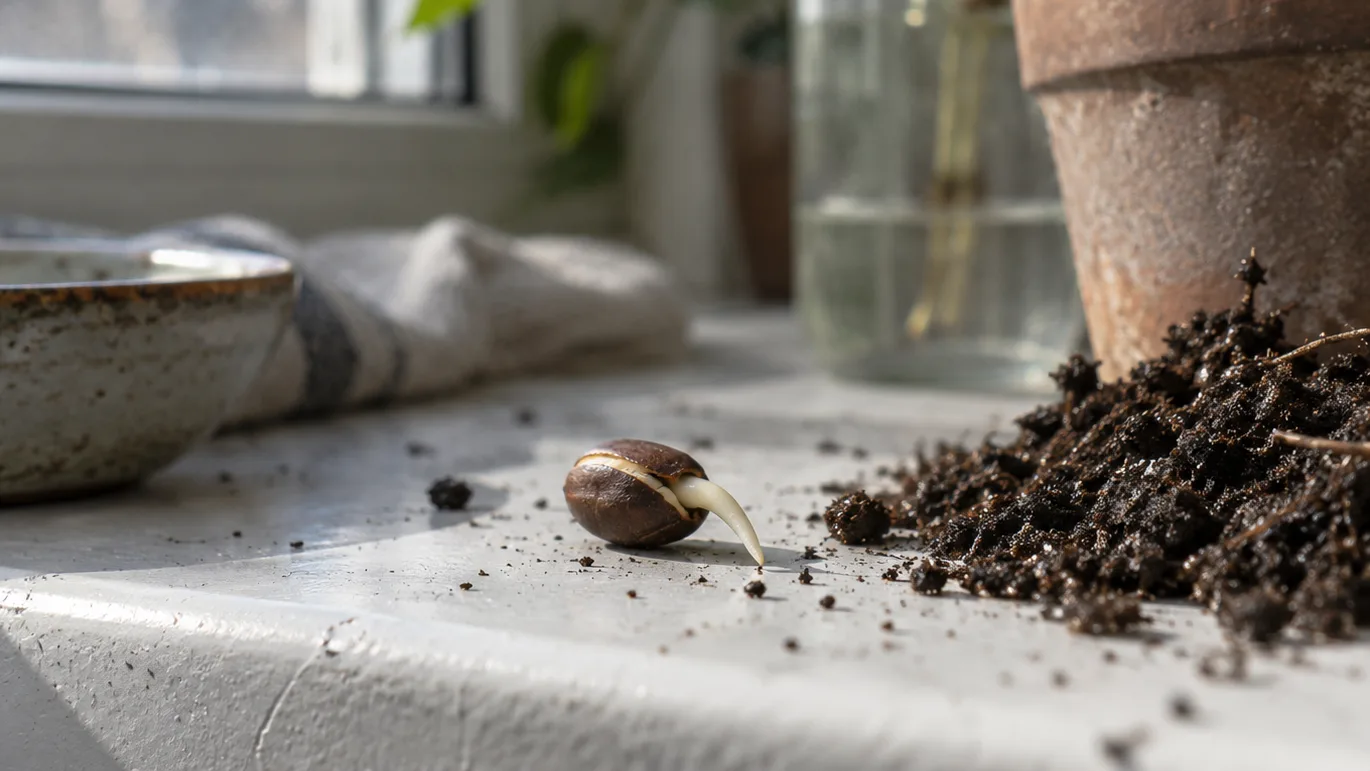 A tiny white root emerges from a split apple seed beside damp potting mix on a windowsill.