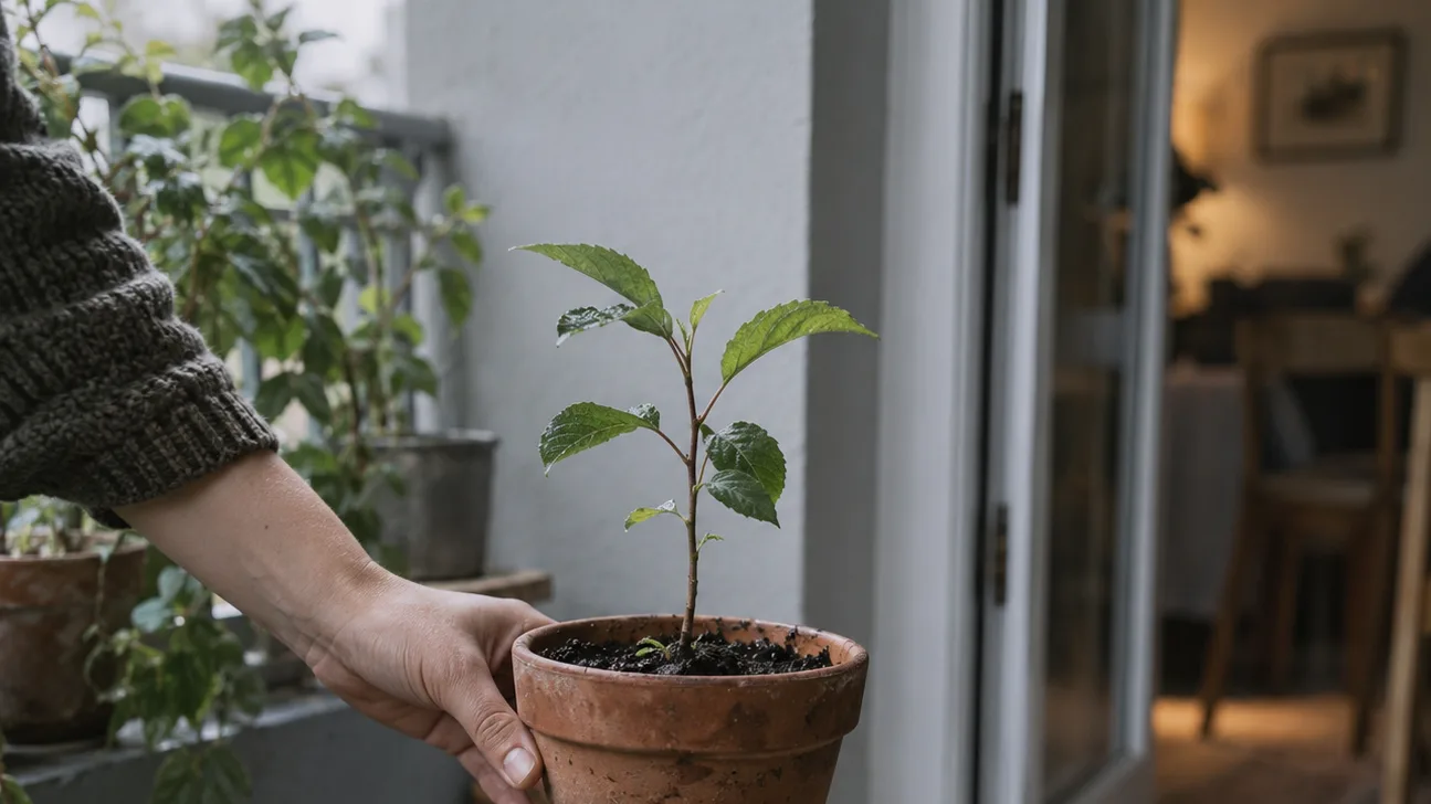 A young apple seedling rests in a sheltered balcony corner as it begins adjusting to outdoor air.