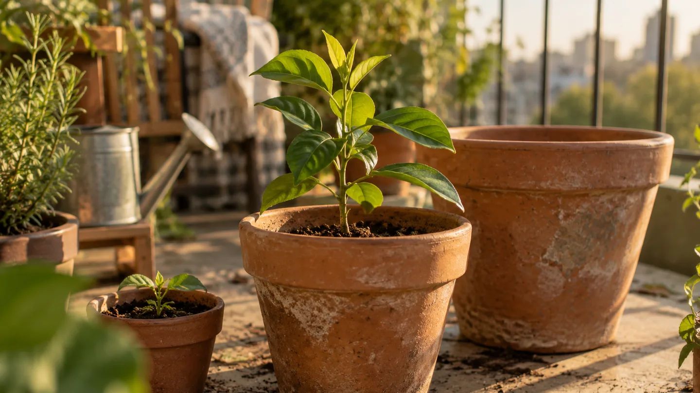 A lemon seedling in a terracotta pot sits among pots of increasing size on a balcony.