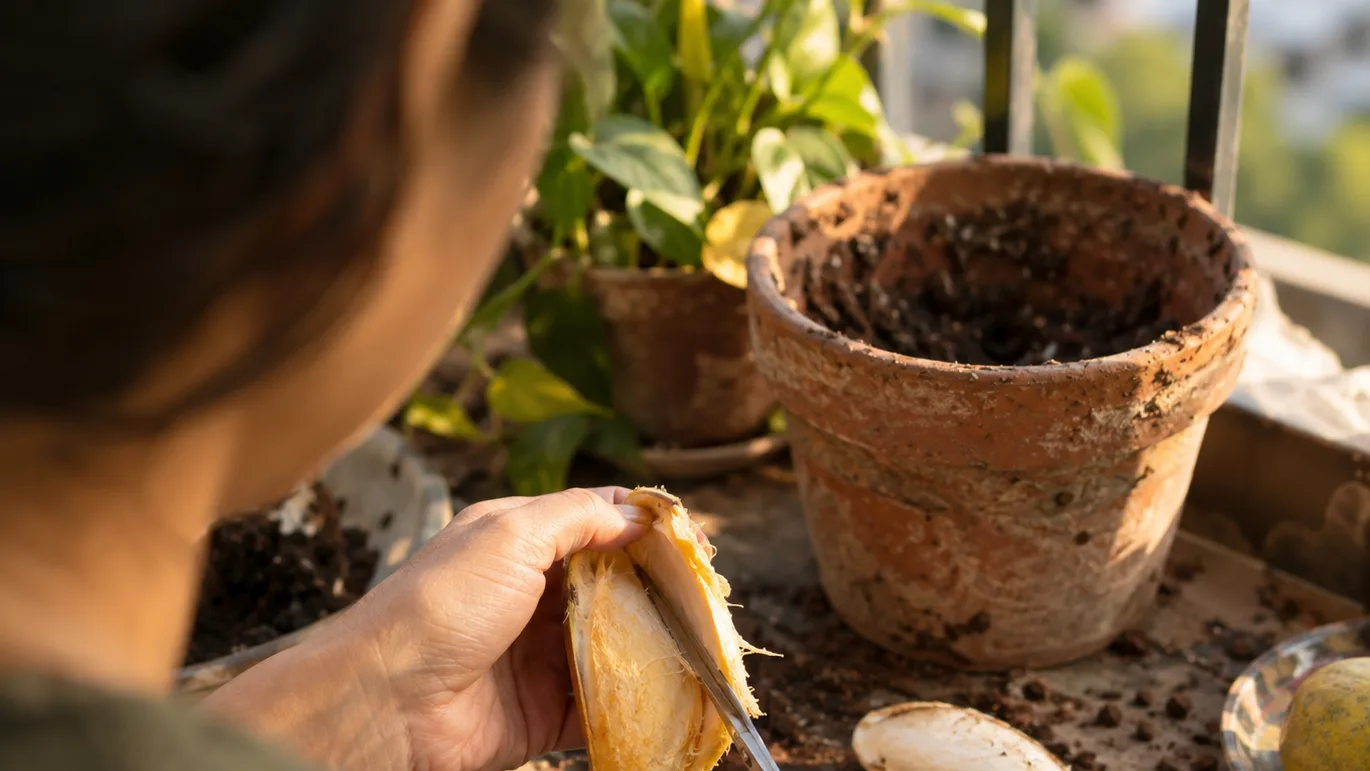 Hands open a mango husk beside its cleaned kernel on a balcony potting table.