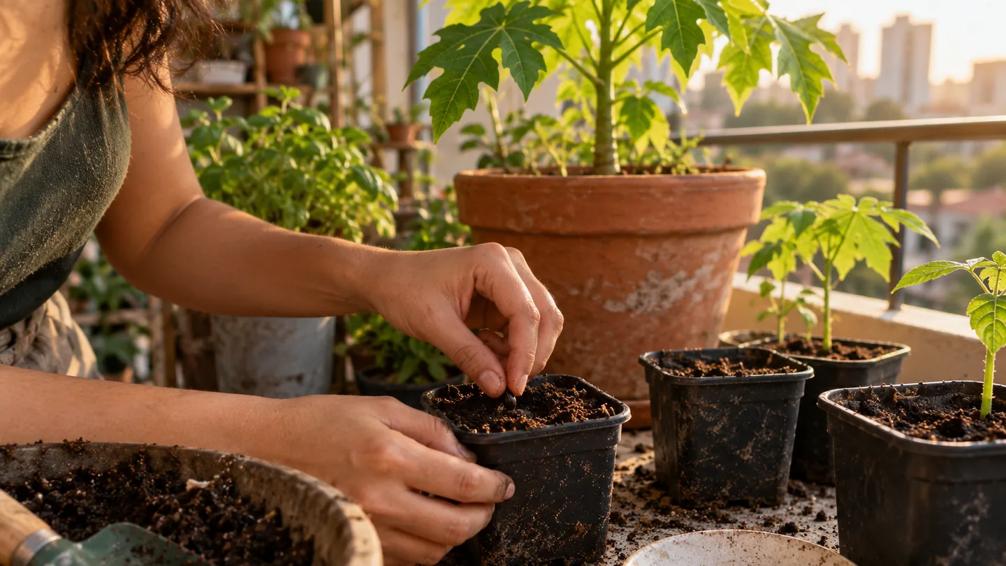 A gardener plants a papaya seed in a small starter pot on a sunny balcony.
