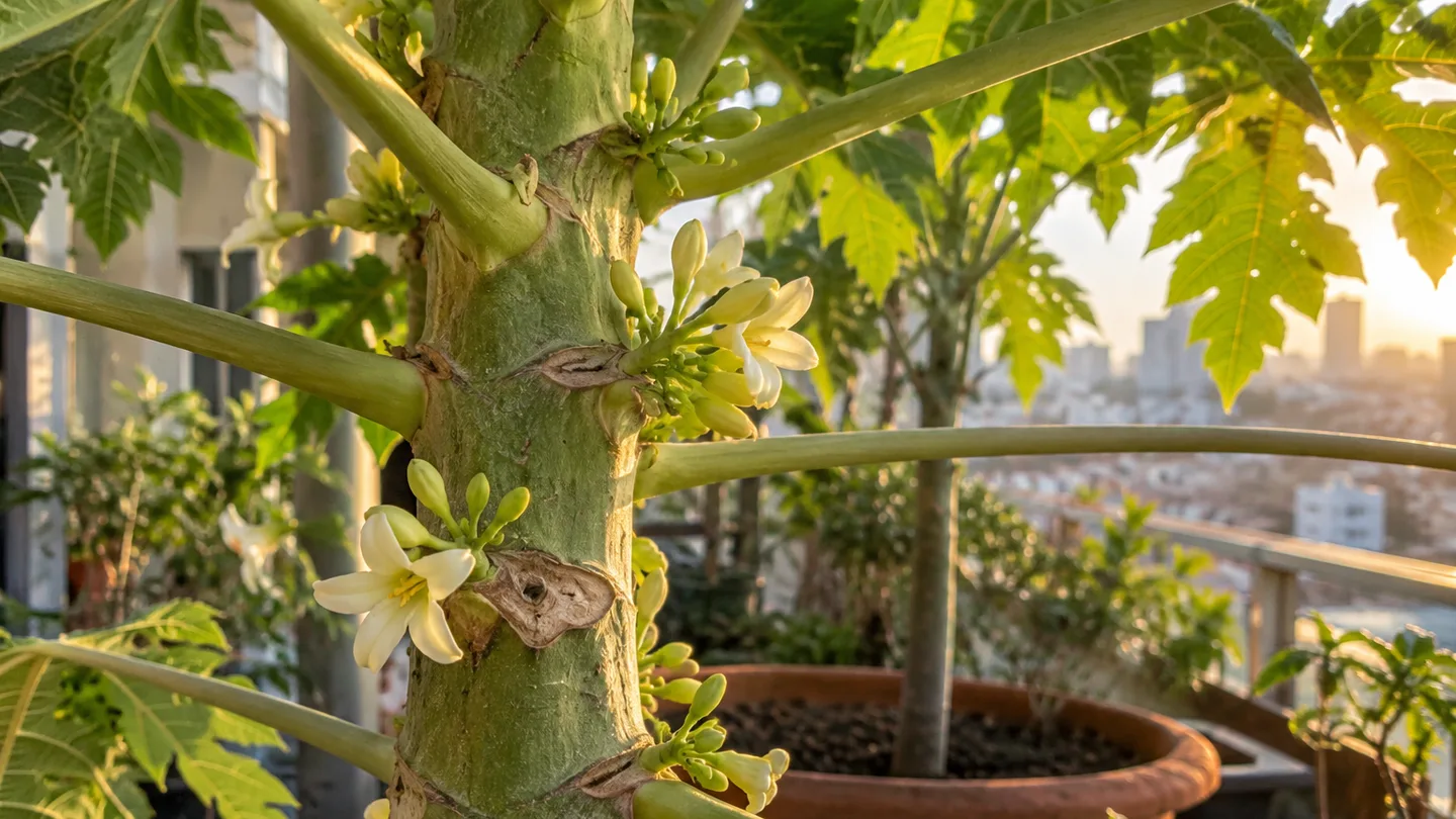Pale papaya flowers emerge close to the trunk, showing where to look as the plant reaches flowering size.