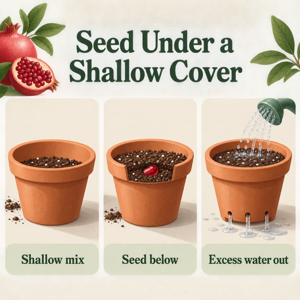 Clean pomegranate seeds sit beside a tray of damp potting mix.