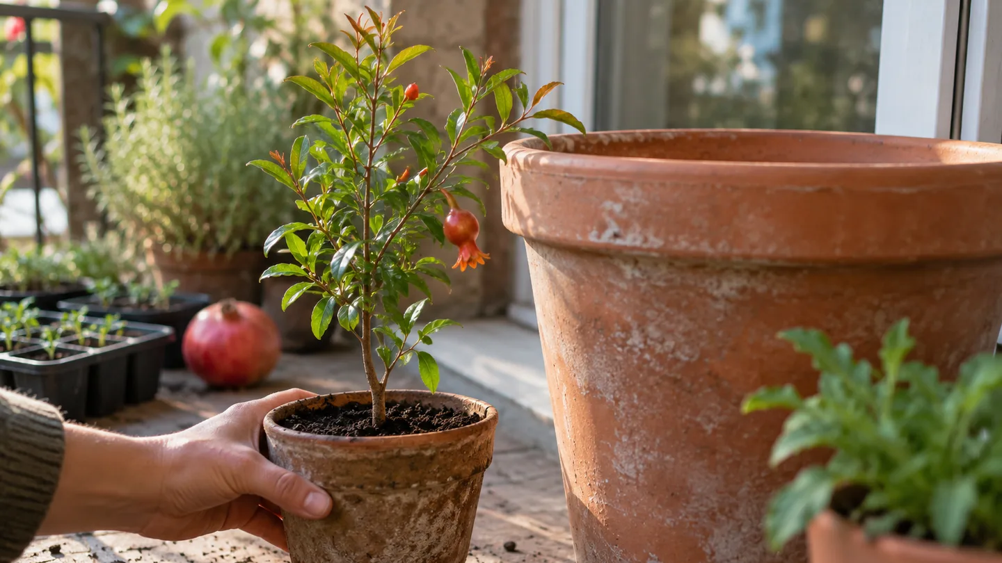 A pomegranate tree grows in a large container with drainage holes.