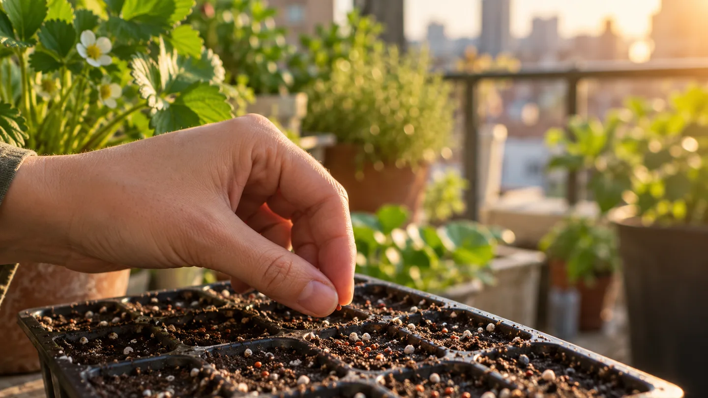Tiny strawberry seeds rest uncovered on moist mix in a balcony seed tray, ready to sprout.