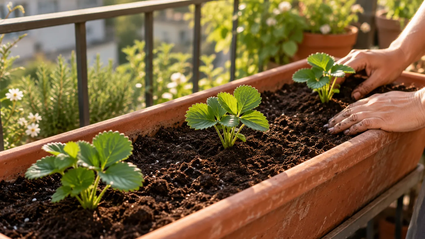 Young strawberry plants are spaced along a balcony trough, leaving room for each to grow.