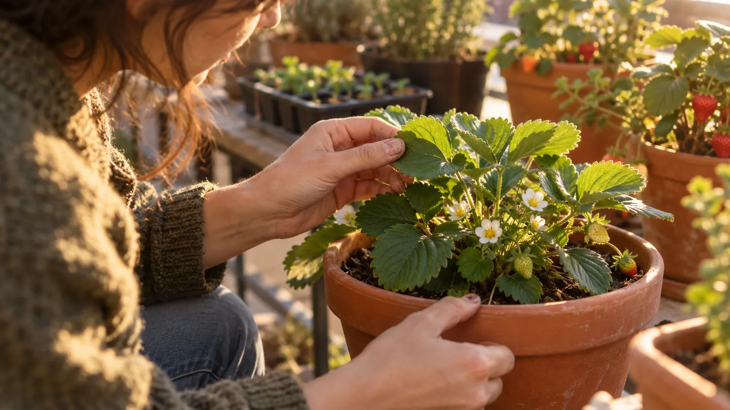 A gardener checks the leaves and small flowers on a young strawberry plant in a pot.