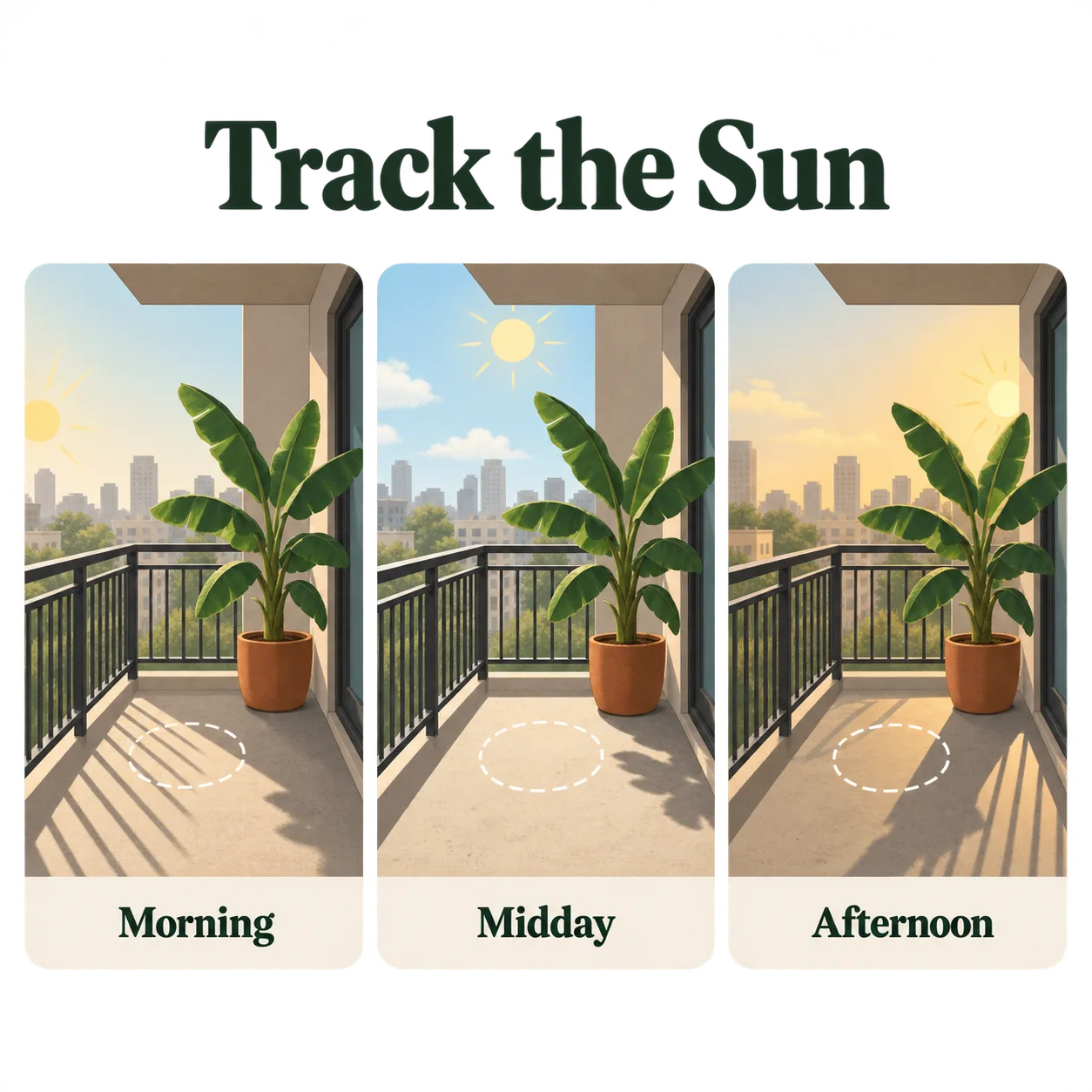 Three balcony panels show sunlight and shadows shifting across a marked spot beside a potted banana.