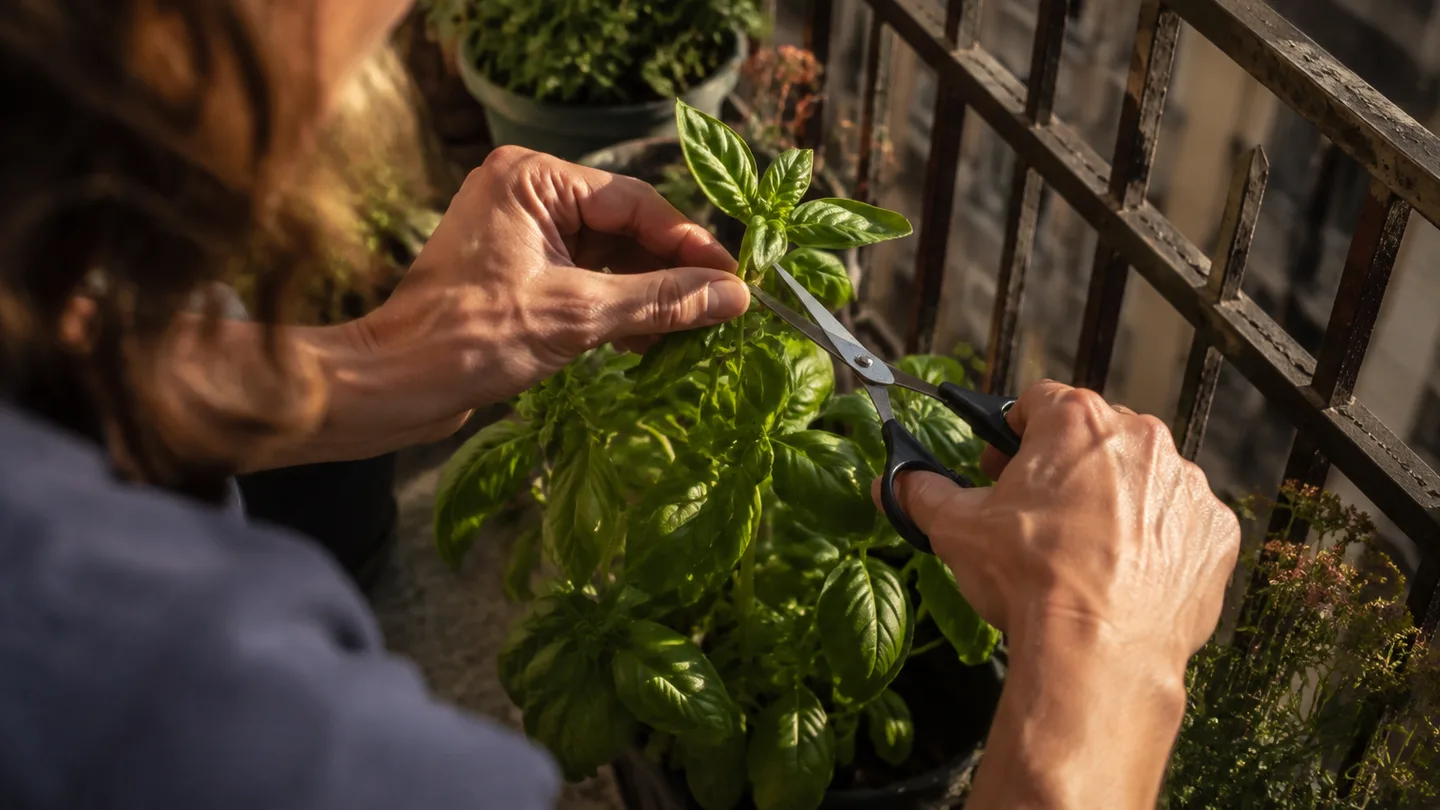 Hands snip a basil stem above two healthy leaves, shaping the plant for fuller growth.