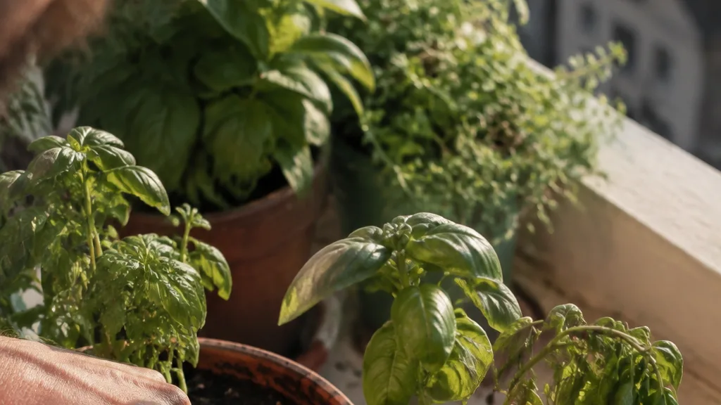 A hand checks soil while comparing healthy and slightly wilted basil leaves.