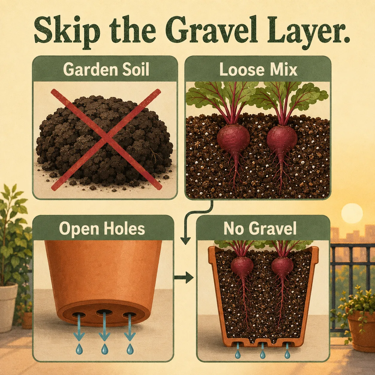 Loose potting mix and open drainage holes guide water away from beet roots without a gravel layer.