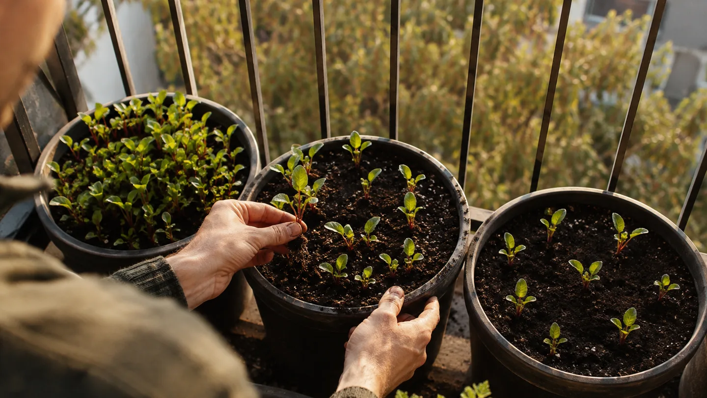 A hand thins beet seedlings beside pots showing crowded, partly thinned, and evenly spaced growth.