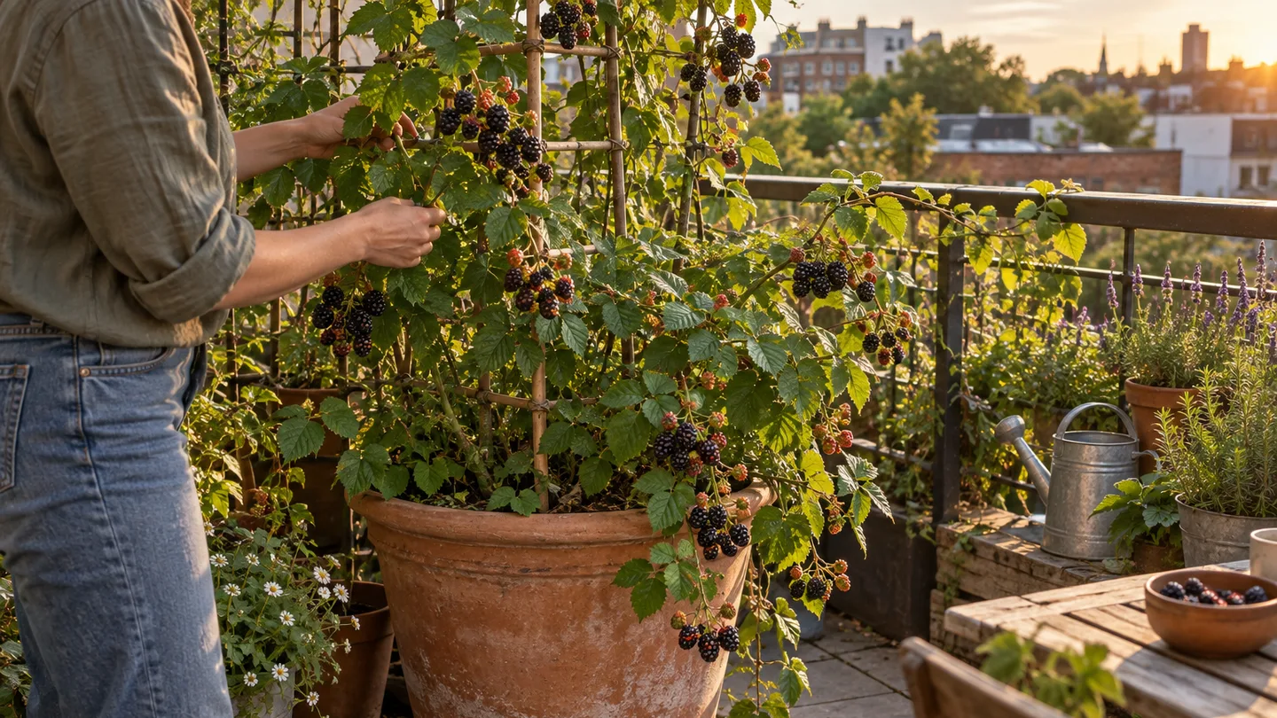 Ripe blackberries grow on supported canes in a large balcony pot, showing the space a container plant needs.