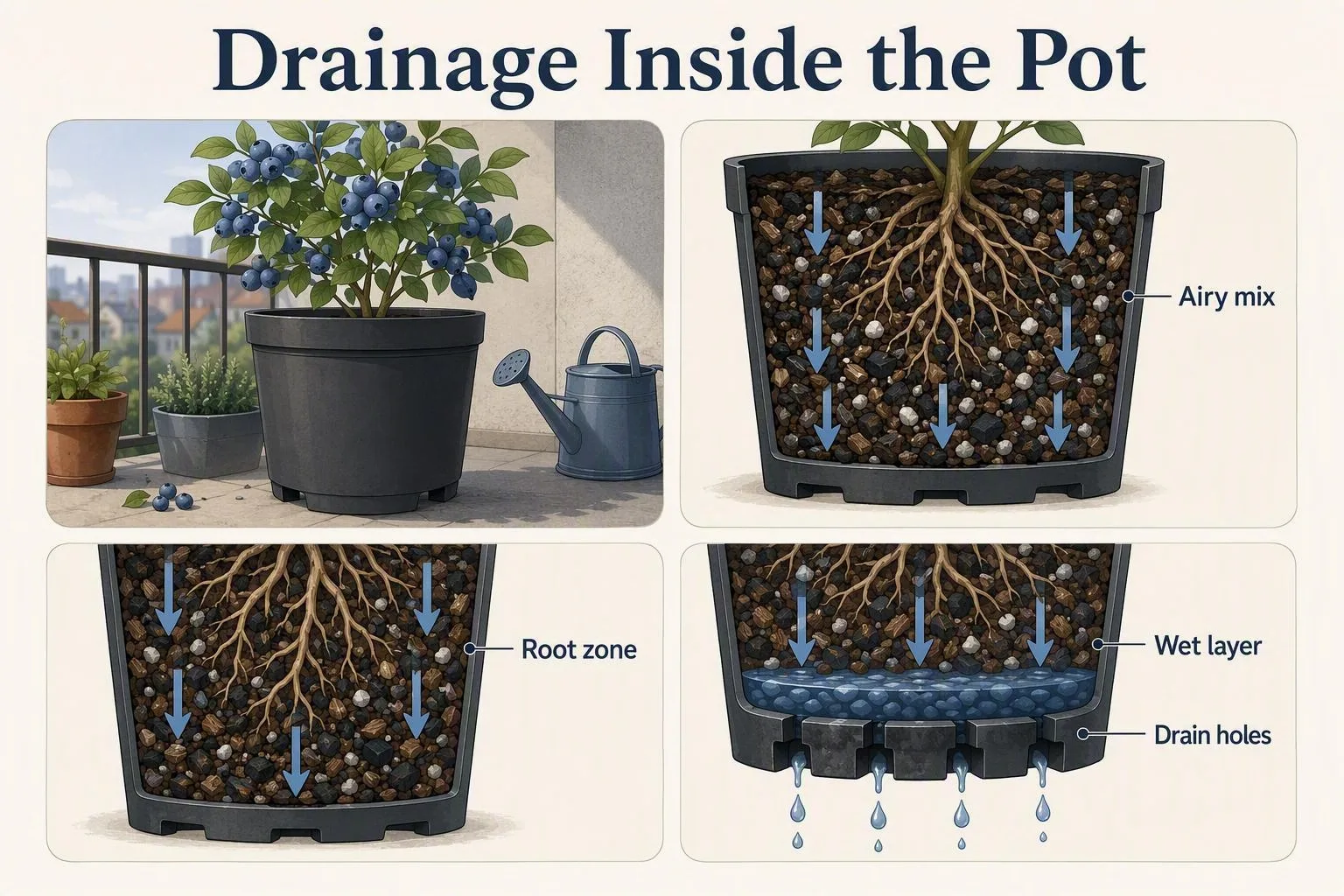 Acidic potting mix, pine bark and perlite beside an empty container
