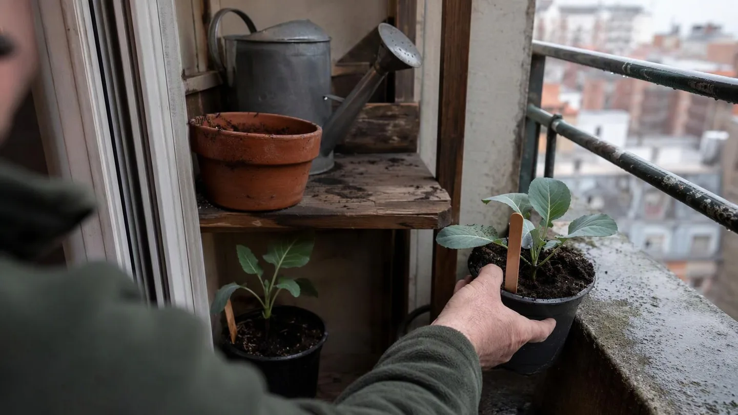 Young broccoli plants are moved onto a cool balcony to adjust before the growing season.
