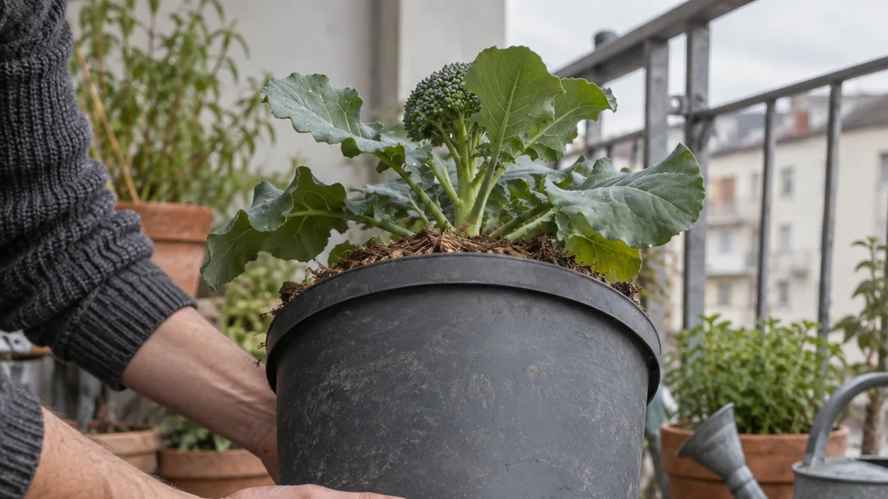 A hand checks the drainage holes beneath a mulched broccoli pot filled with fresh growing mix on a balcony.