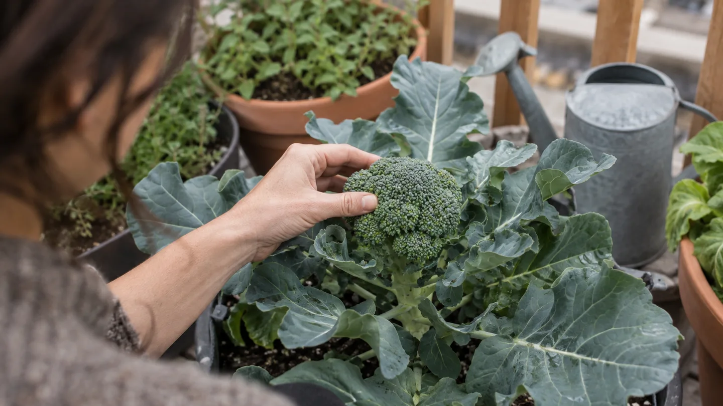 A hand checks a compact, tightly closed broccoli head before cutting it from a balcony pot.