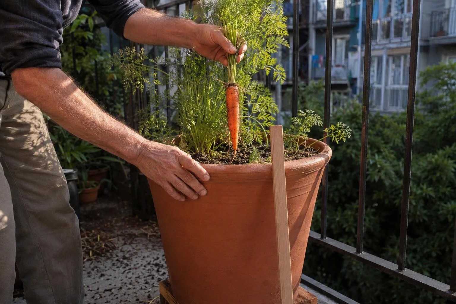 Hands lift fresh carrots from a deep pot beside a balcony railing, showing the space roots need to grow.