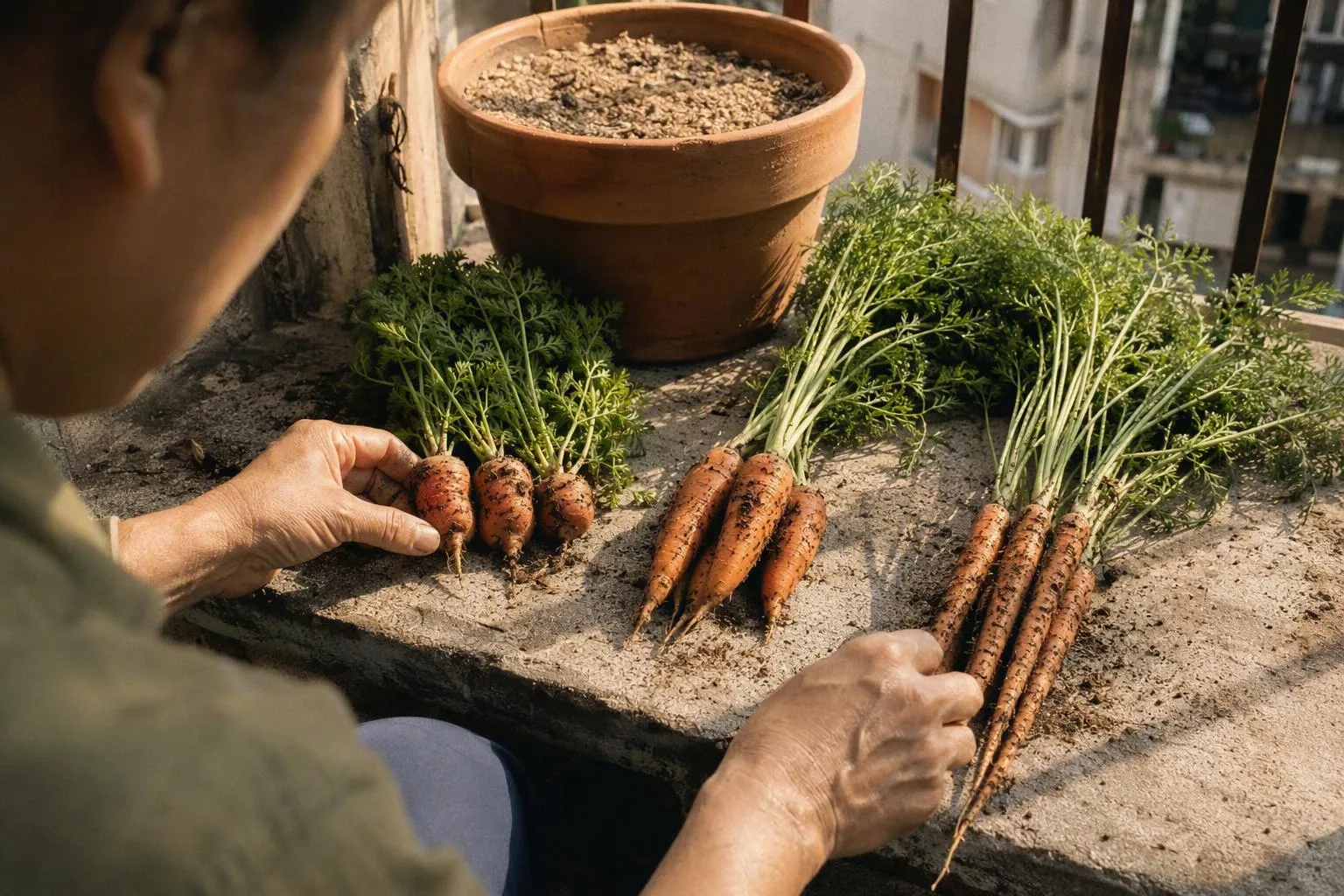 Three groups of carrots show short, medium, and long roots beside a pot for choosing suitable seeds.