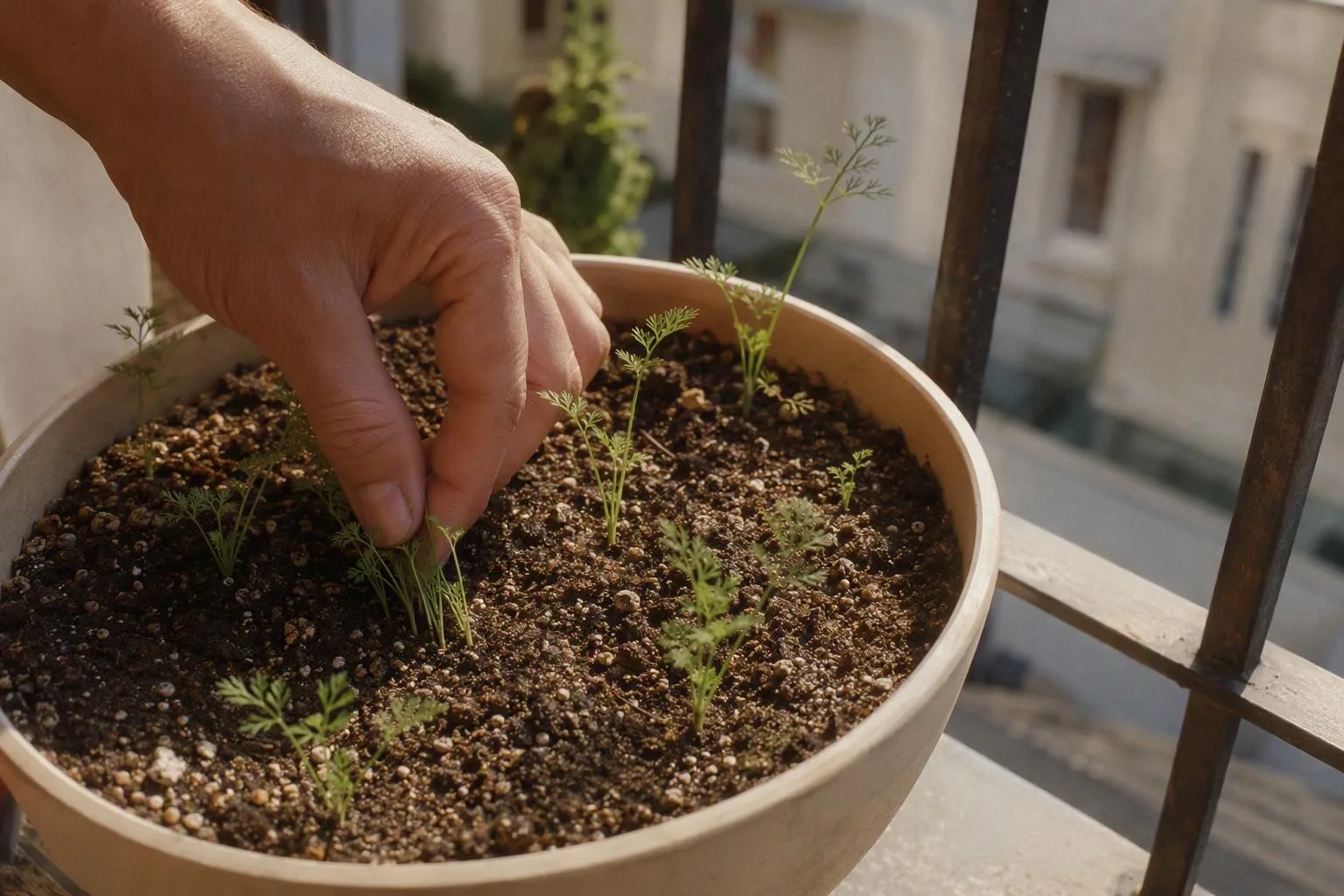 Young carrot seedlings sit in clear spaces across a round pot, showing why sowing them in place matters.