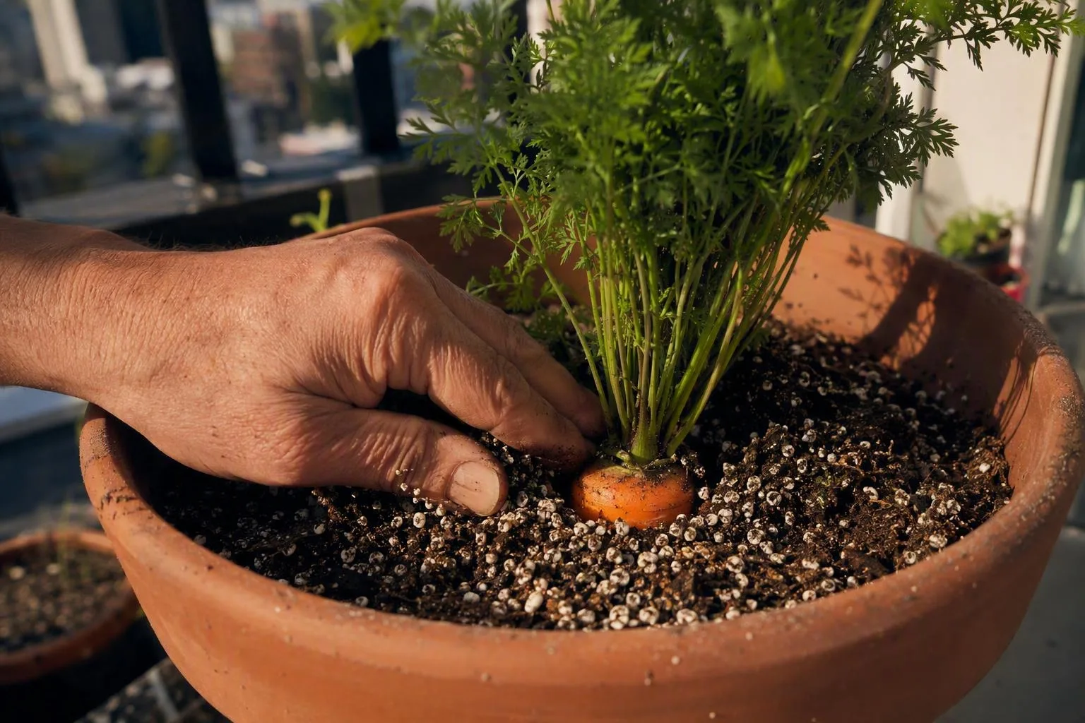 A hand brushes soil aside to reveal a carrot shoulder before it is pulled from the pot.