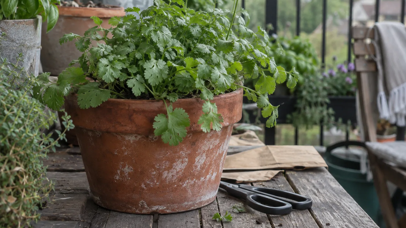 Leafy cilantro sits beside a tall flower stalk, showing the plant has started to bolt.