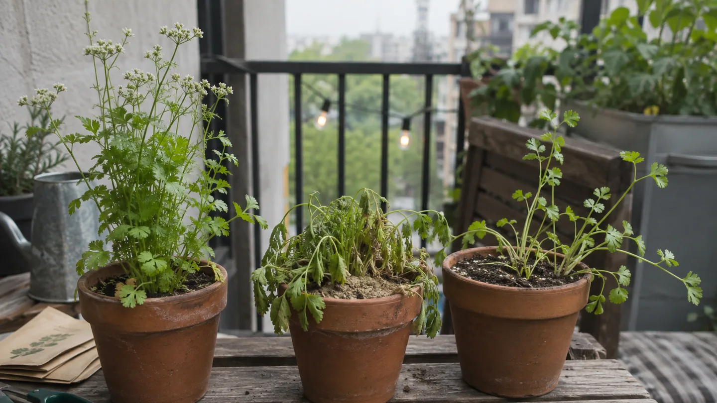 Three cilantro pots show flower stalks, wilted leaves, and sparse stretched stems for easy comparison.