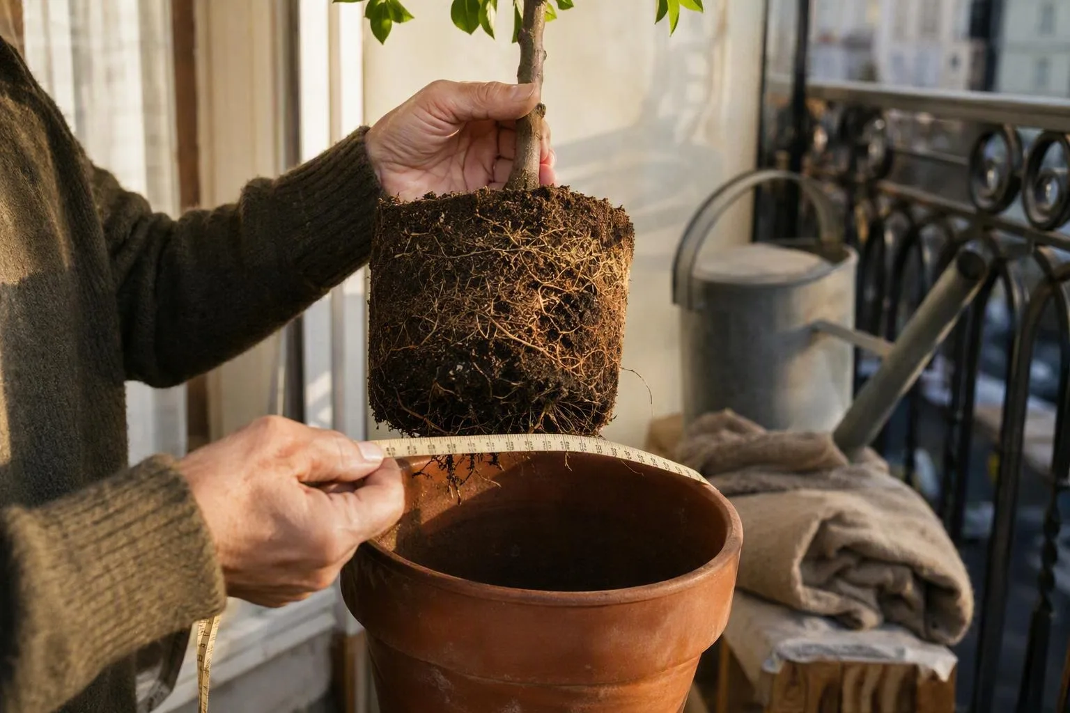 Hands compare a dwarf citrus rootball with the next pot size on a balcony.