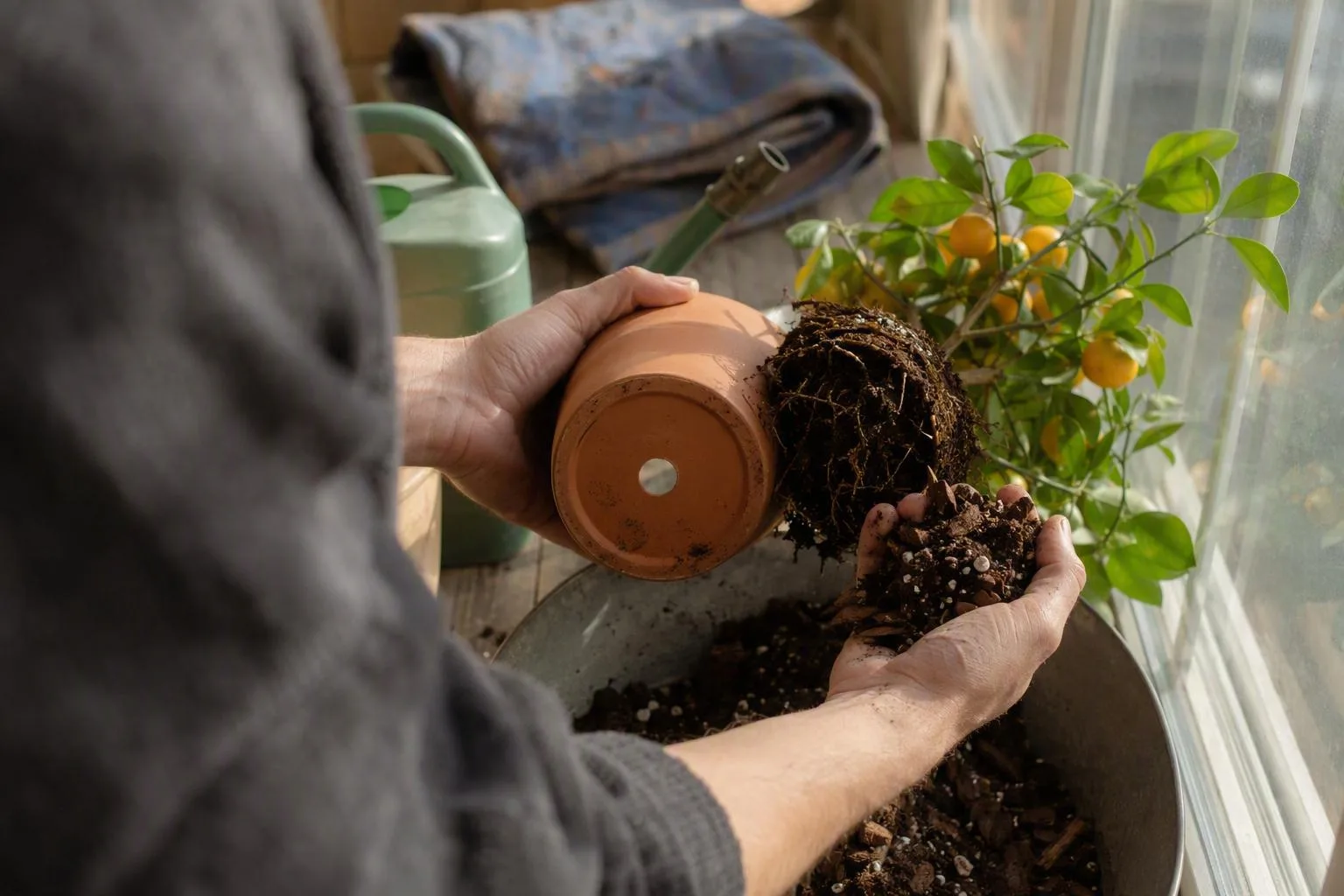 Hands hold airy potting mix beside the clear drainage hole of a citrus pot.